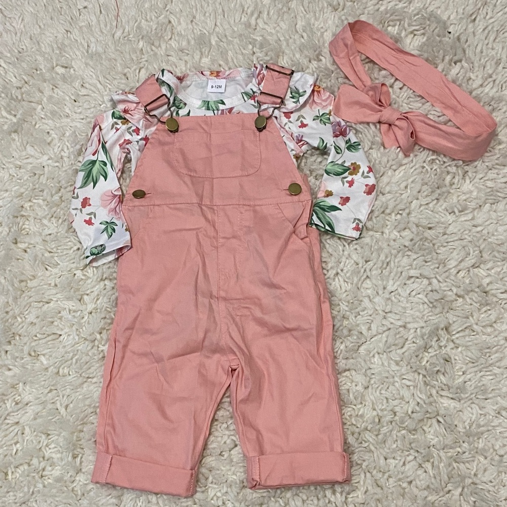 Pink Kids Overalls with Headband baby girl size 9mo - 12 mo NWOT